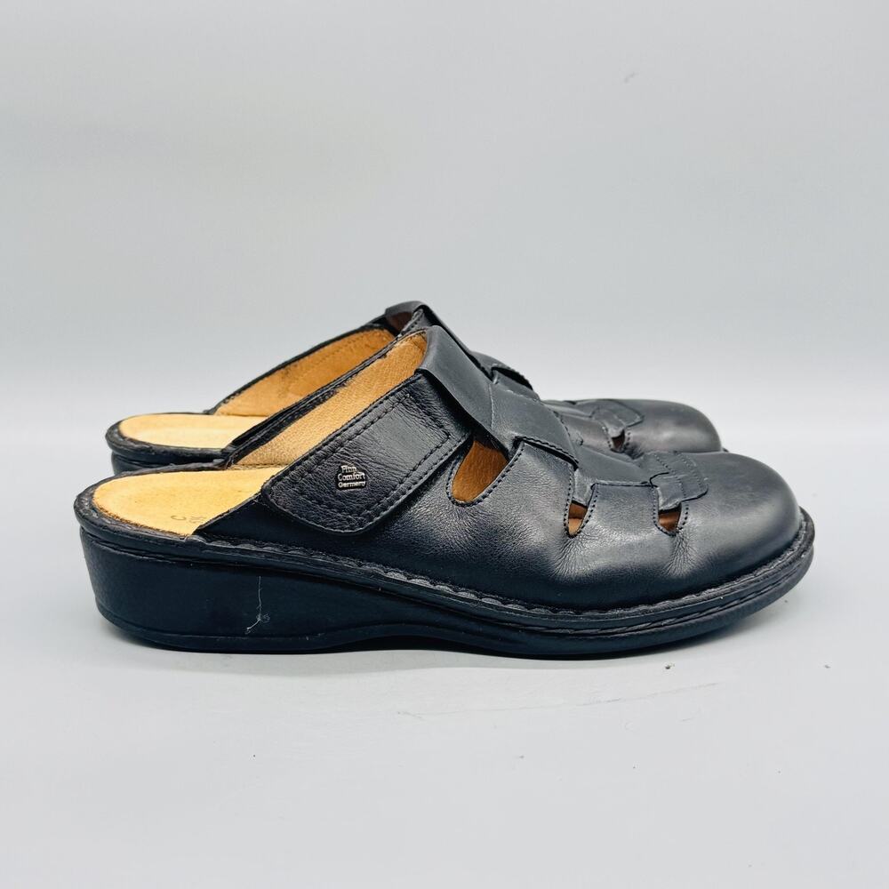Finn Comfort Shoes Womens 8 Black Leather Java Slip On Clog Sandals Comfort